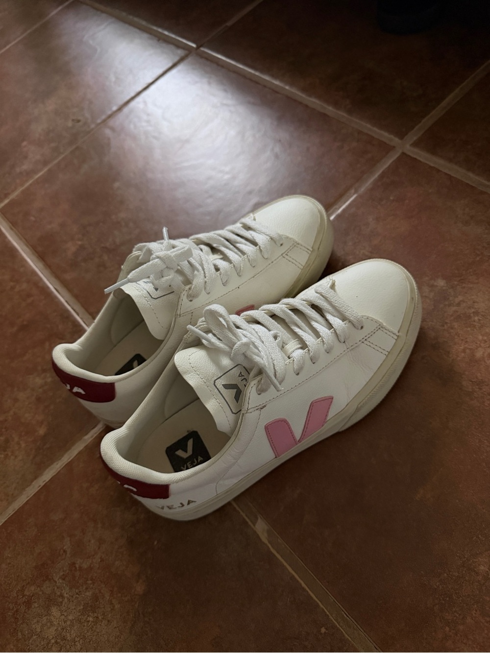 Veja White Leather Sneakers with Pink V and Red Heel Tab